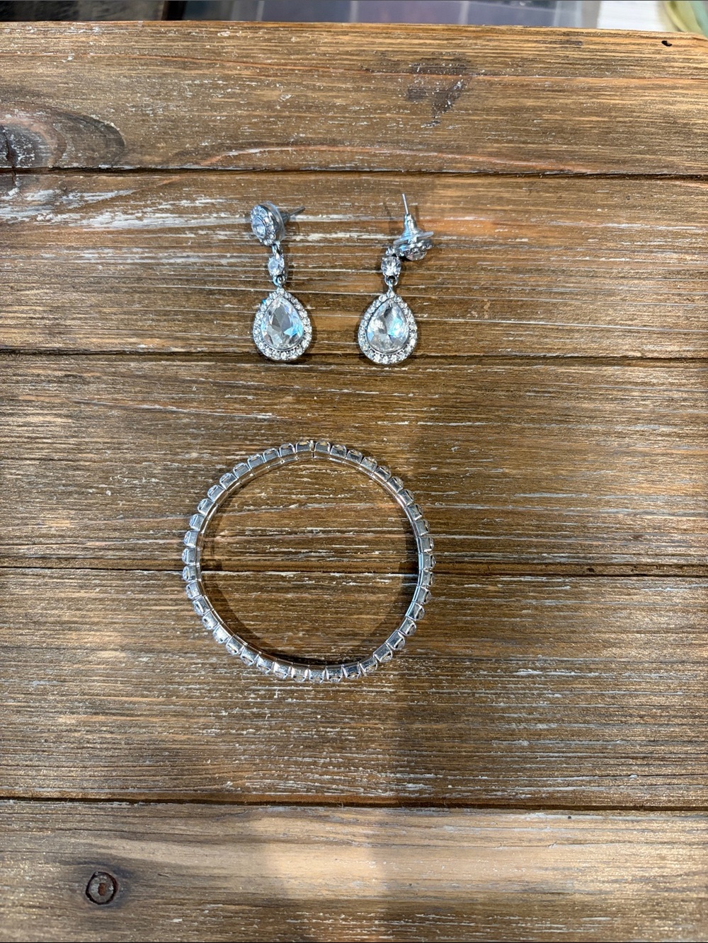 Crystal Teardrop Drop Earrings and Tennis Bracelet Set - Silver Tone